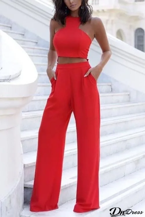 Solid Crop Wide Leg Pants Set