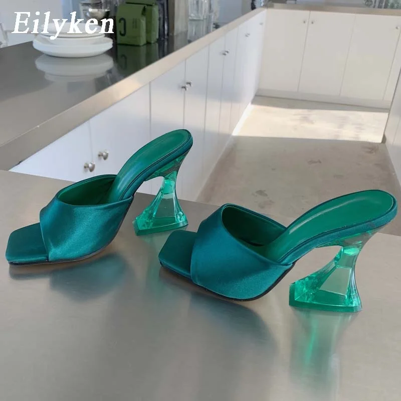 Eilyken 2022 New Silk Green Women's Strange Style Transparent High Heels Slippers Square toe Female Sandalias de mujer