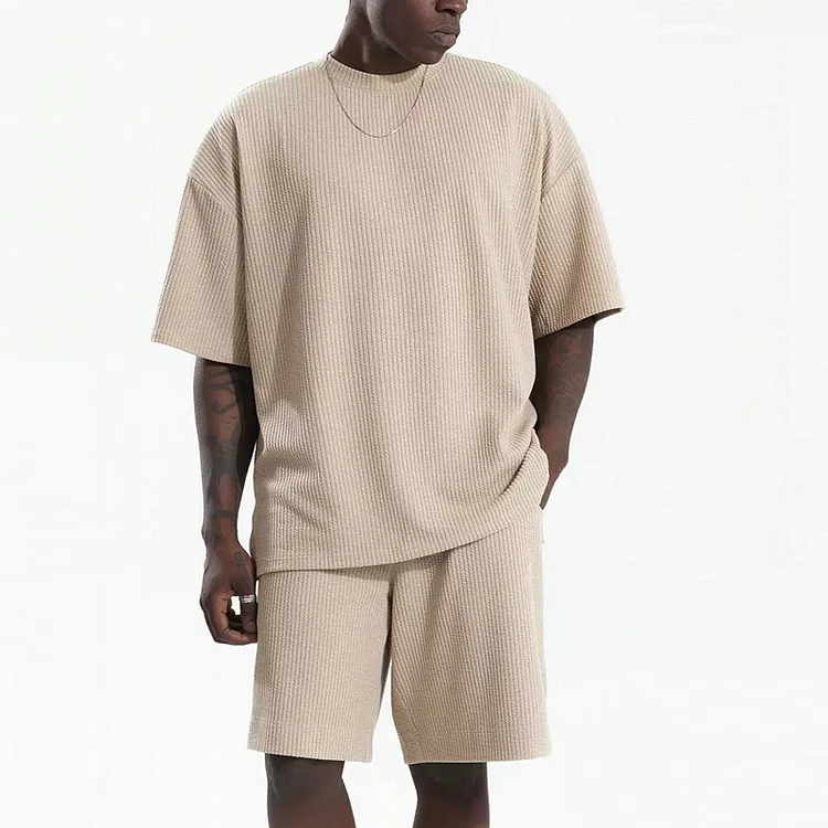 Mingyejia Trendy Mens Ribbed Textured Outfits Summer Casual Short Sleeve O Neck T Shirt And Shorts Men Two Piece Suits Fashion Solid Sets