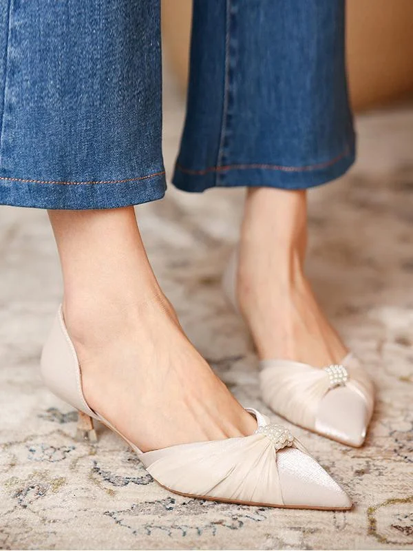 Elegant pointed stiletto mid-heel high heels with rhinestone buckle