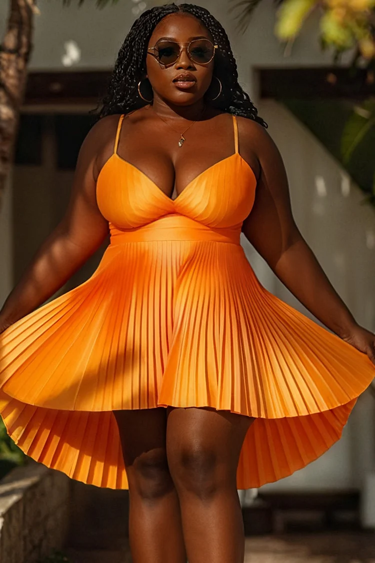 Xpluswear Design Plus Size Prom Orange Sundress Pleated High Low Hem Mini Dresses [Pre-Order] 2024 - Xpluswear