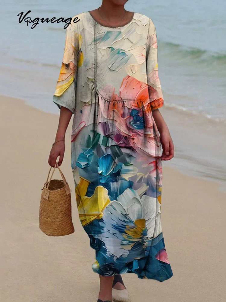 Elegant And Generous Flowers Printed Women's Casual Cotton And Linen Dress