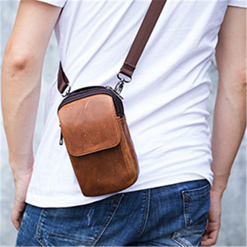 Men's Casual Cowhide Leather Double Zippers Crossbody Packs Waist Bag