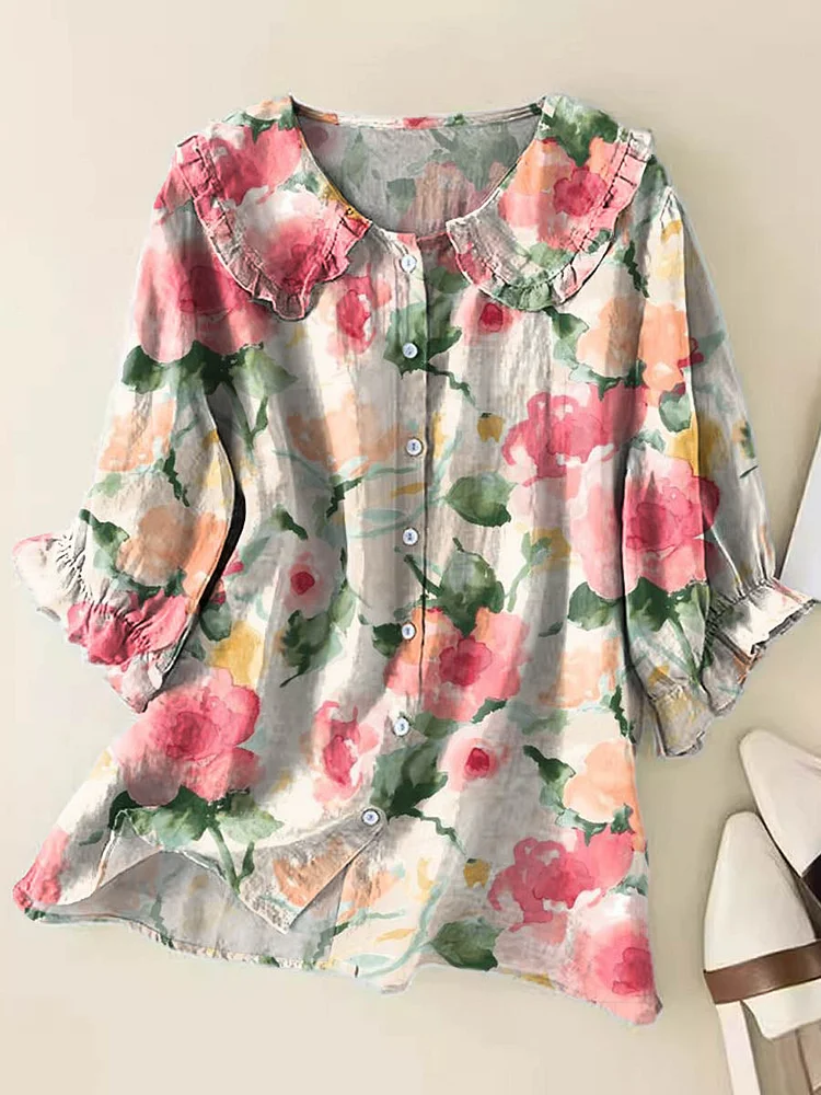 Women's Vintage Floral Art Print Casual Peter Pan Collar Cotton Shirt