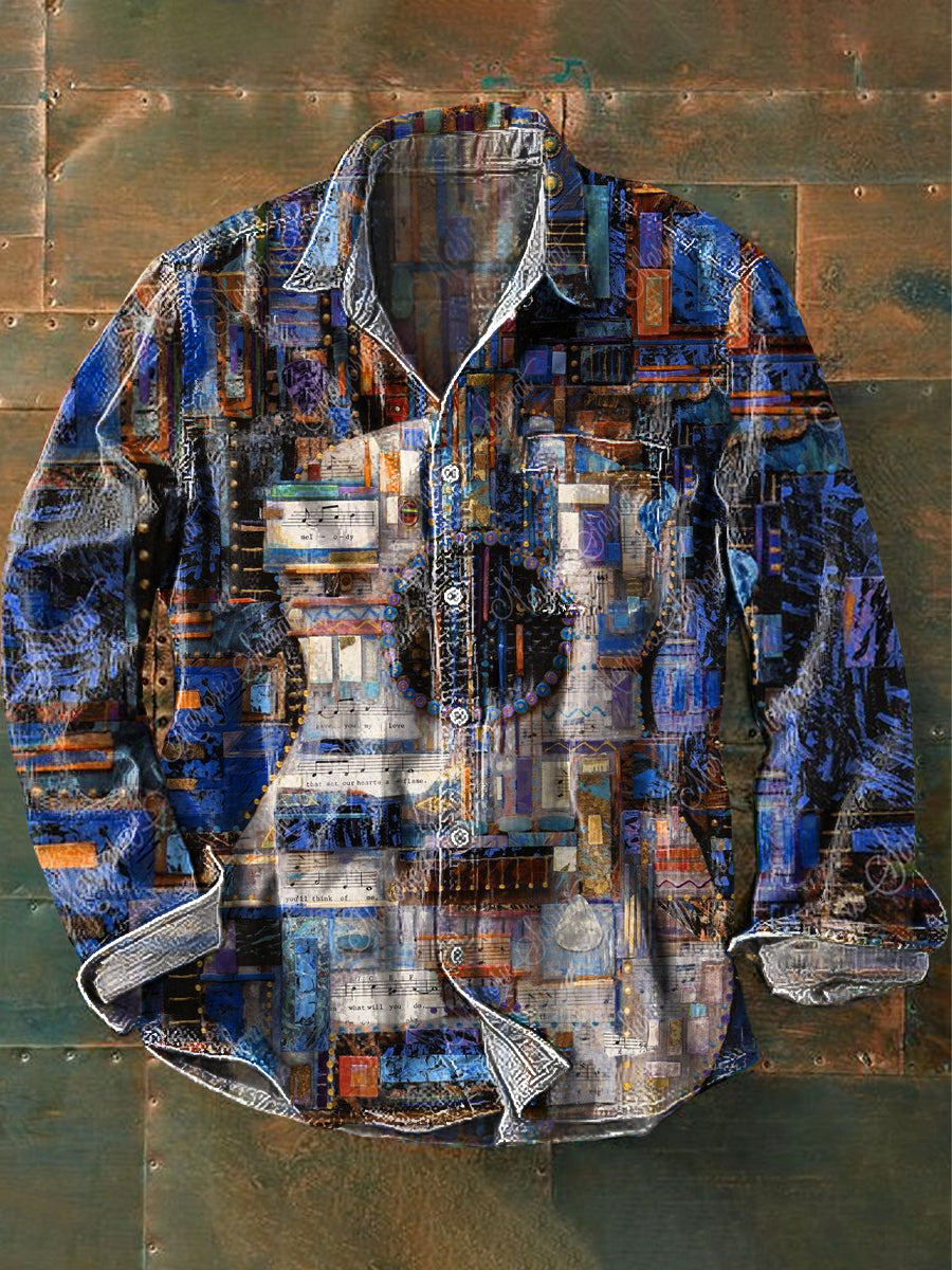 Men's Vintage Rock Guitar Art Deco Print Long Sleeve Pocket Shirt