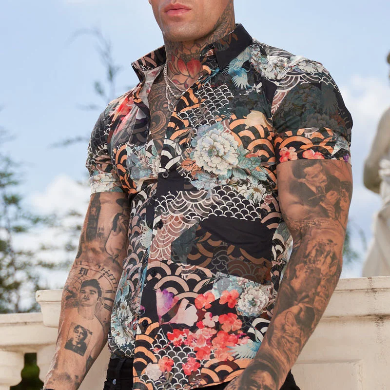 Art Flower Pattern Hawaiian Printed Short Sleeve Men's Shirts-VESSFUL
