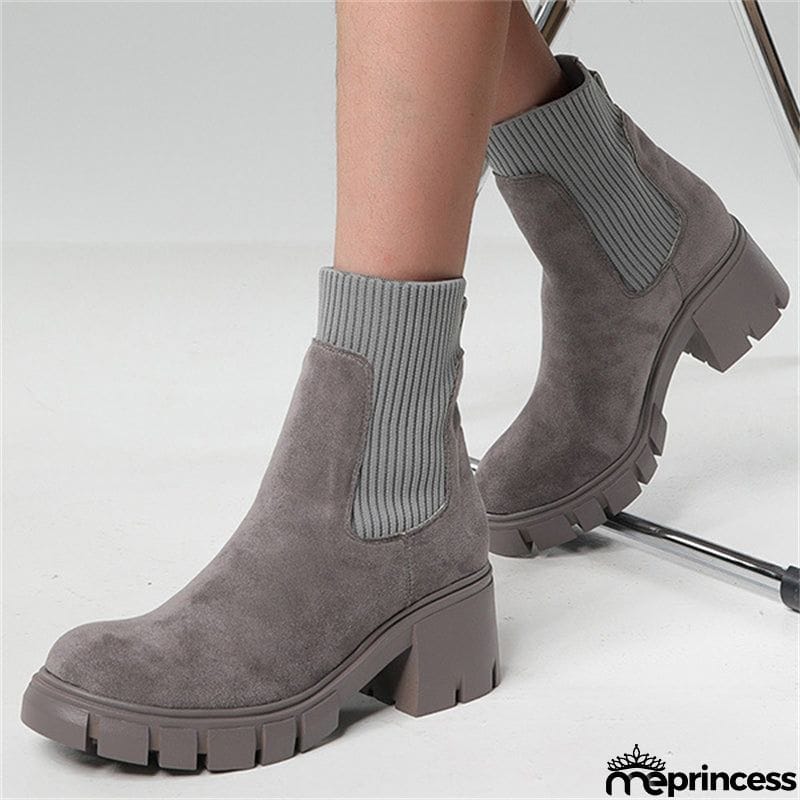 Winter Daily Women Chunky Heels Suede Chelsea Martin Boots