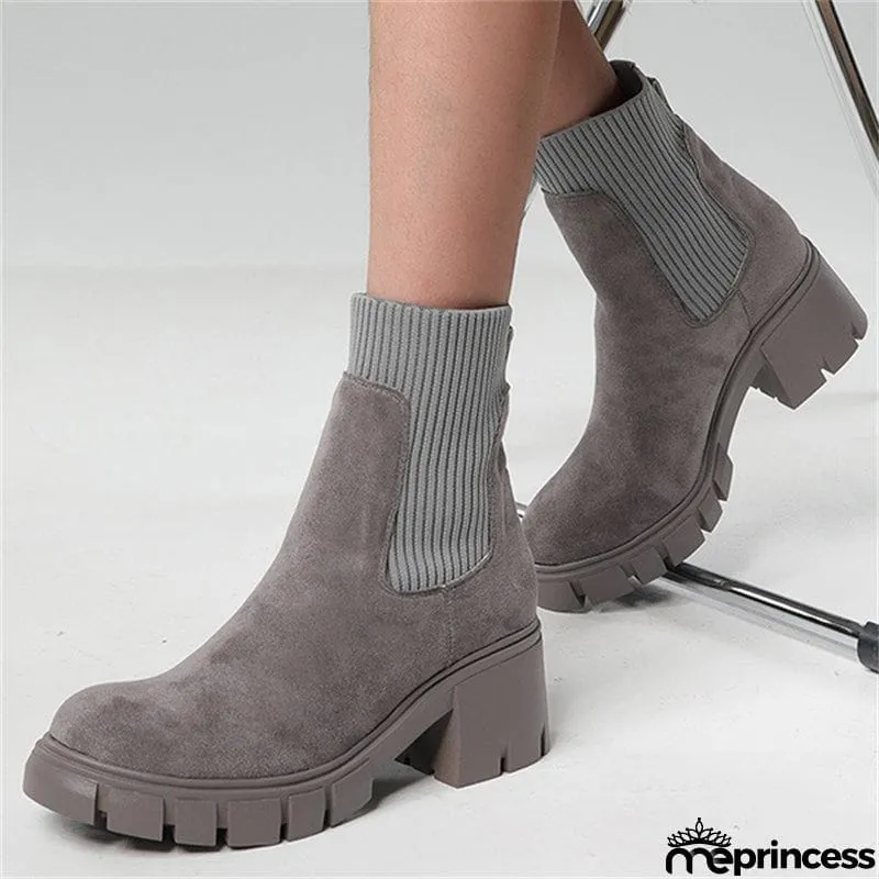 Winter Daily Women Chunky Heels Suede Chelsea Martin Boots