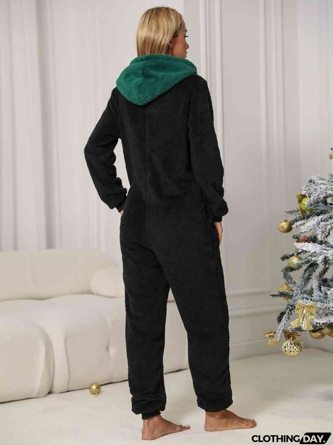 Pom-Pom Trim Zip Front Hooded Lounge Jumpsuit
