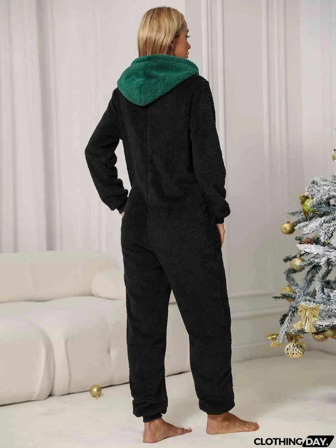 Pom-Pom Trim Zip Front Hooded Lounge Jumpsuit
