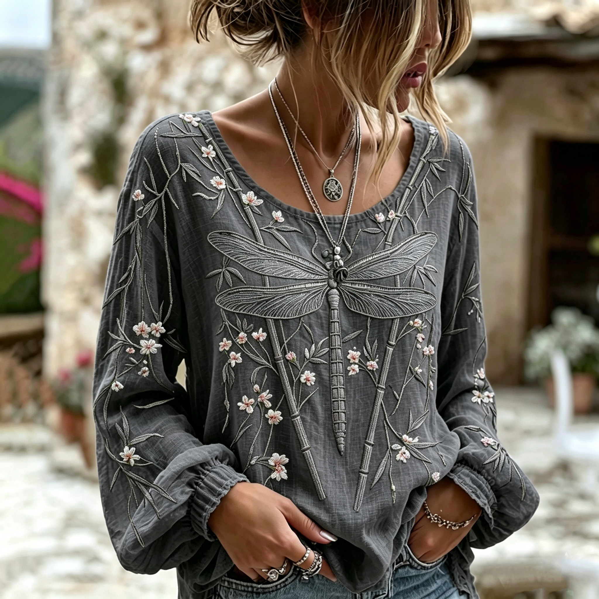 Women's Dragonfly Flower Art Crew Neck Long Sleeve Linen Blend T-shirt elevenforest