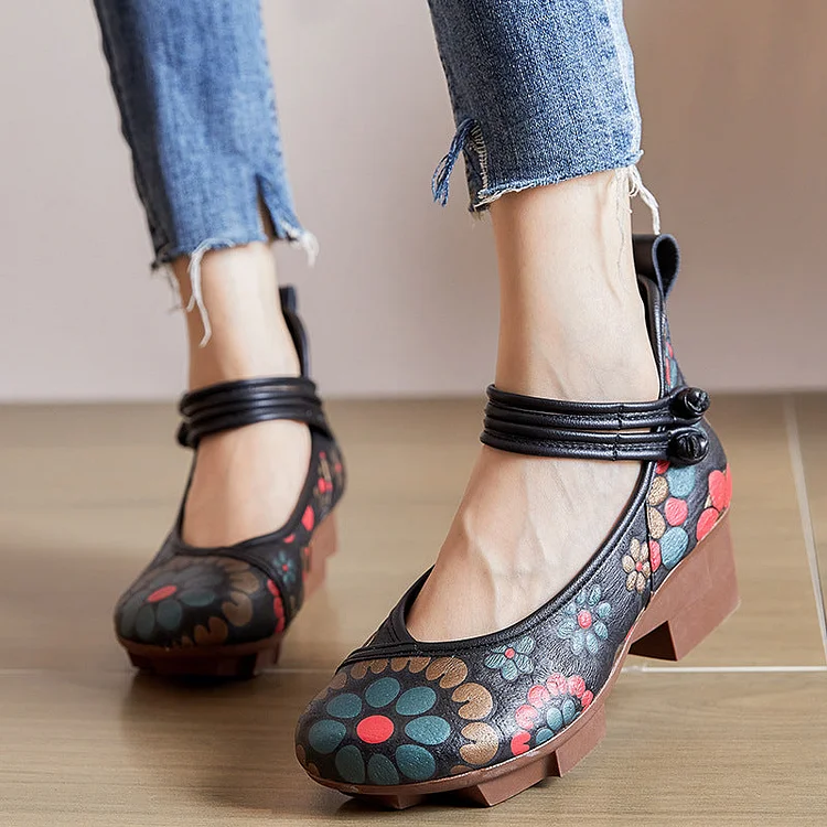 Women Retro Floral Leather Casual Wedge Loafers