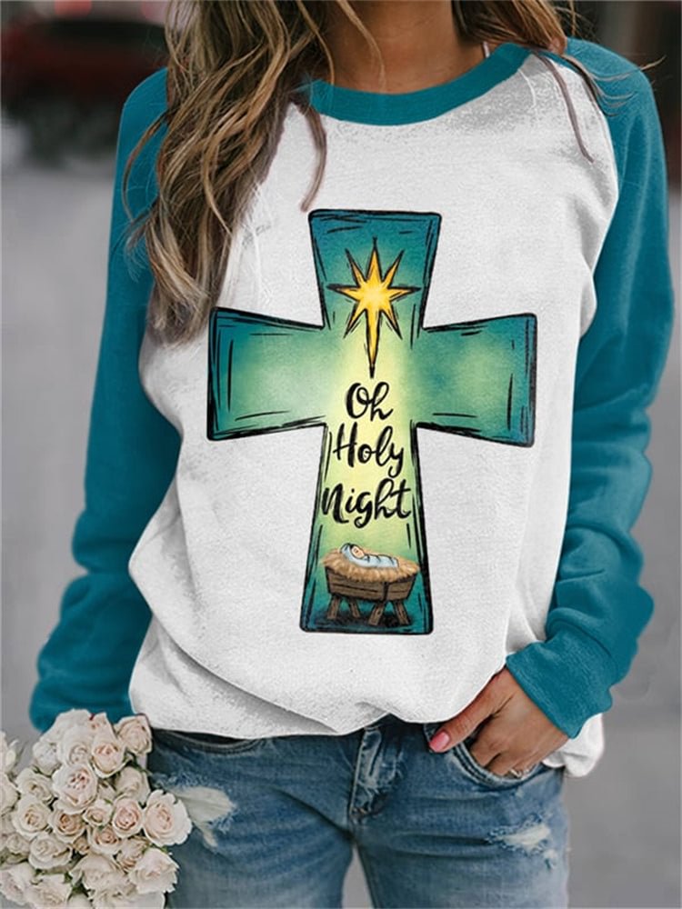 VChics Oh Holy Night Cross Colorblock Sweatshirt