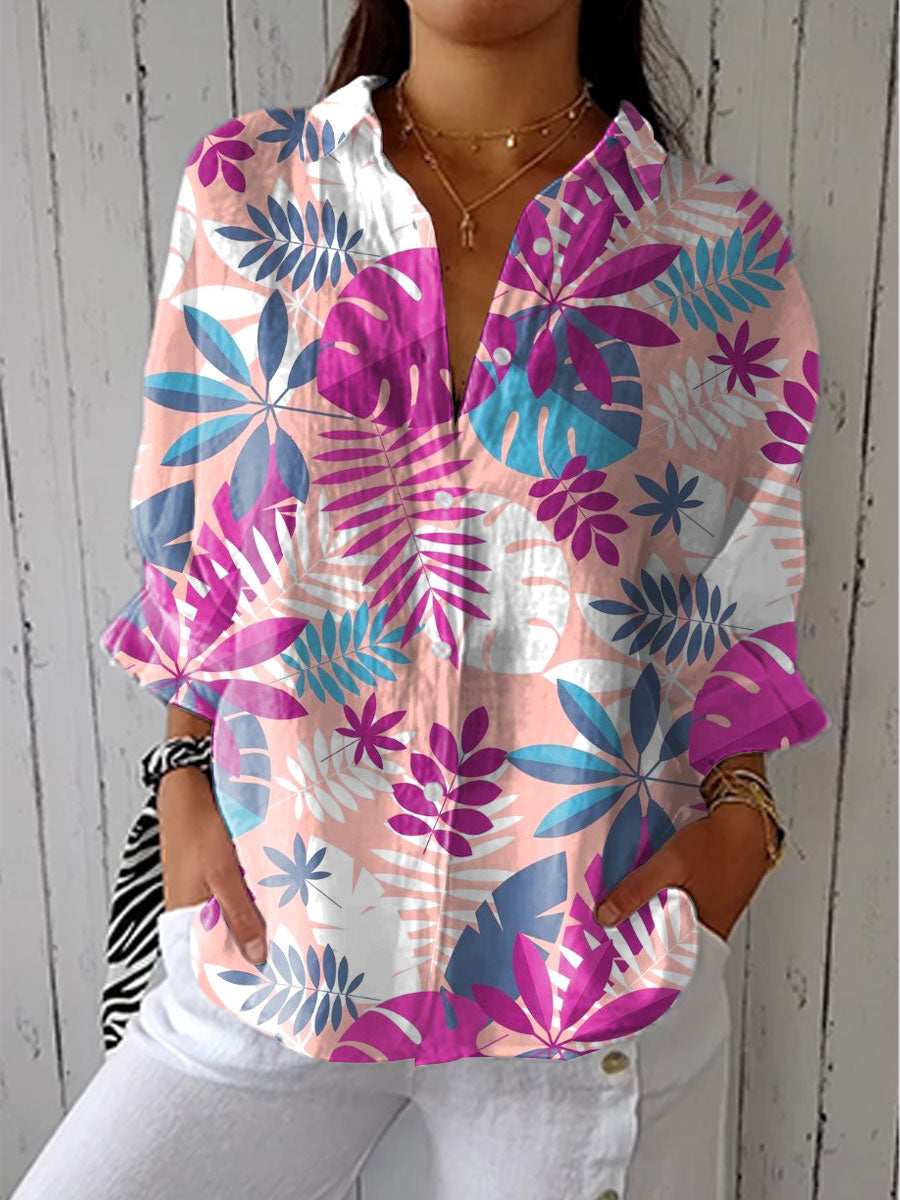 Women's Bright Tropical Plant Art Print Casual Linen V-neck Shirt