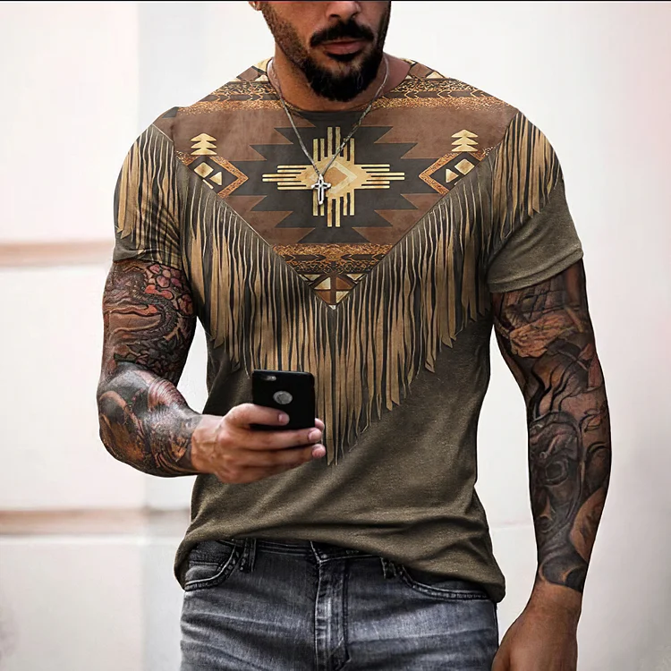 Broswear Western Fringe Print Short Sleeve T Shirt