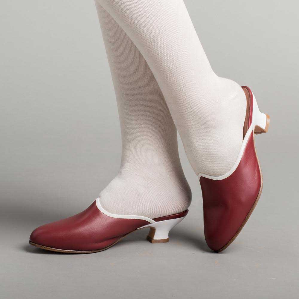 Women's Maroon & White Round Toe Spool Heel Vintage Mules Shoes Nicepairs