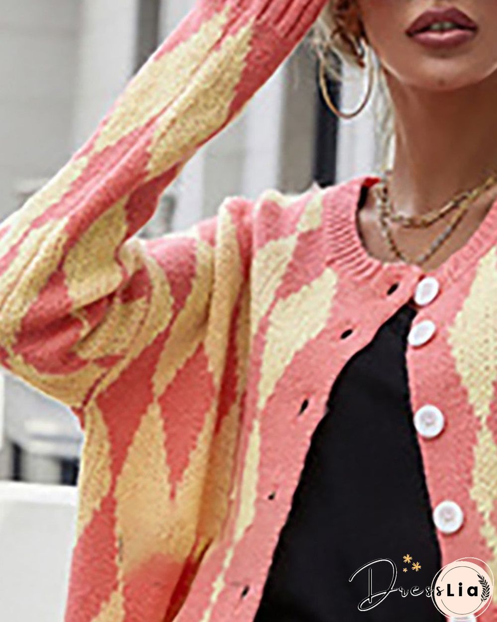 Argyle Print Colorblock Buttoned Long Sleeve Cardigan