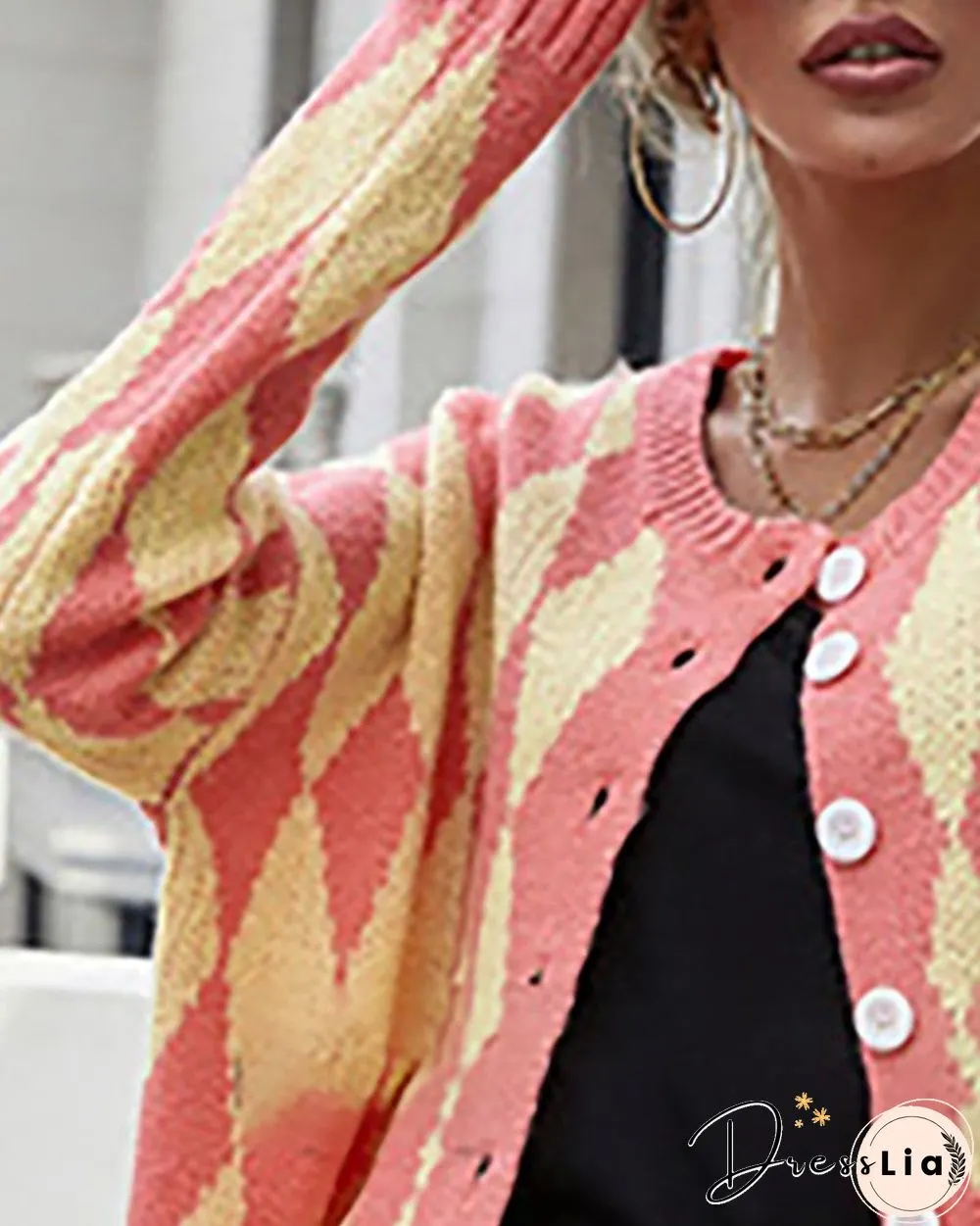 Argyle Print Colorblock Buttoned Long Sleeve Cardigan