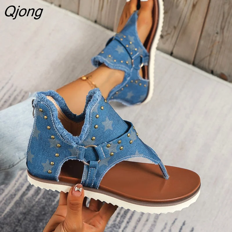 Qjong Denim Shoes Women Chic Star Print Gladiator Sandals Ladies Punk Rivet Stud Fip Flops