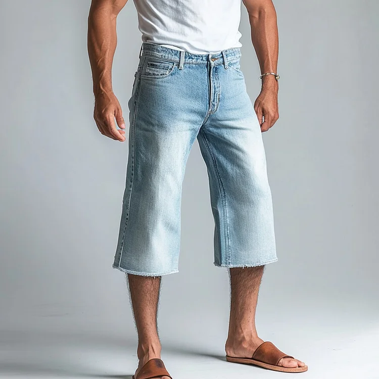 Men's Casual Denim Mid Rise Straight Leg Capri Jeans