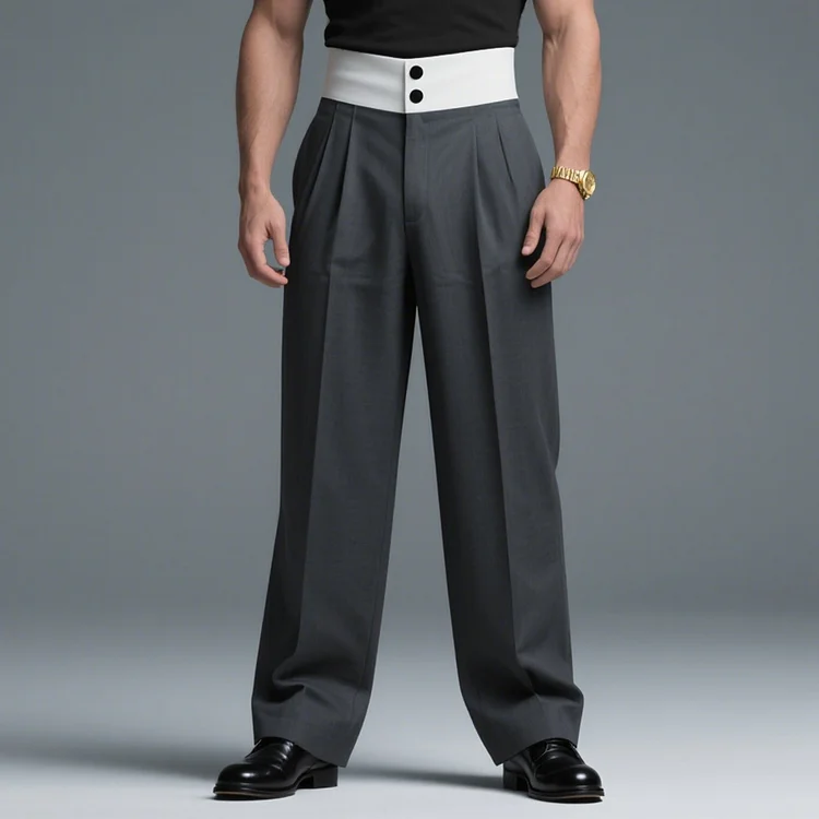 Okaywear Contrast Waist Buttons Pleated Straight Leg Suit Pants Okaywear