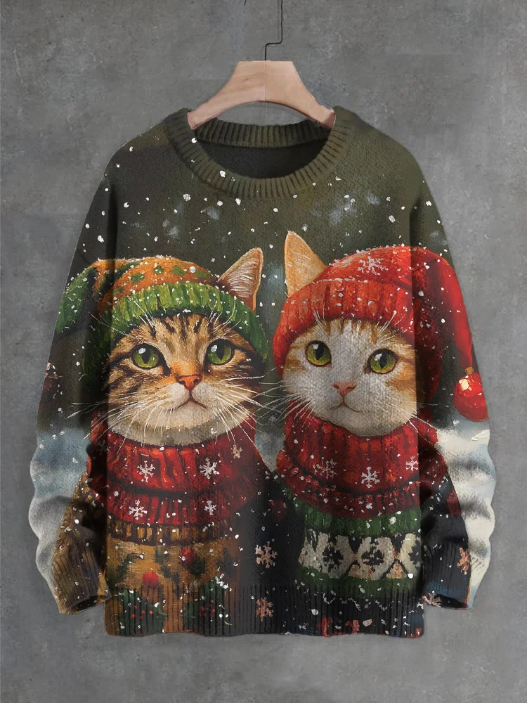 Men's Christmas Snowflake Cats Print Knit Sweatshirt