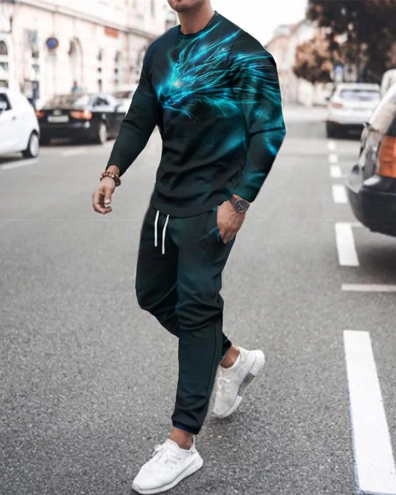 Men's Casual 3D Dragon Printing Long-sleeved Suit