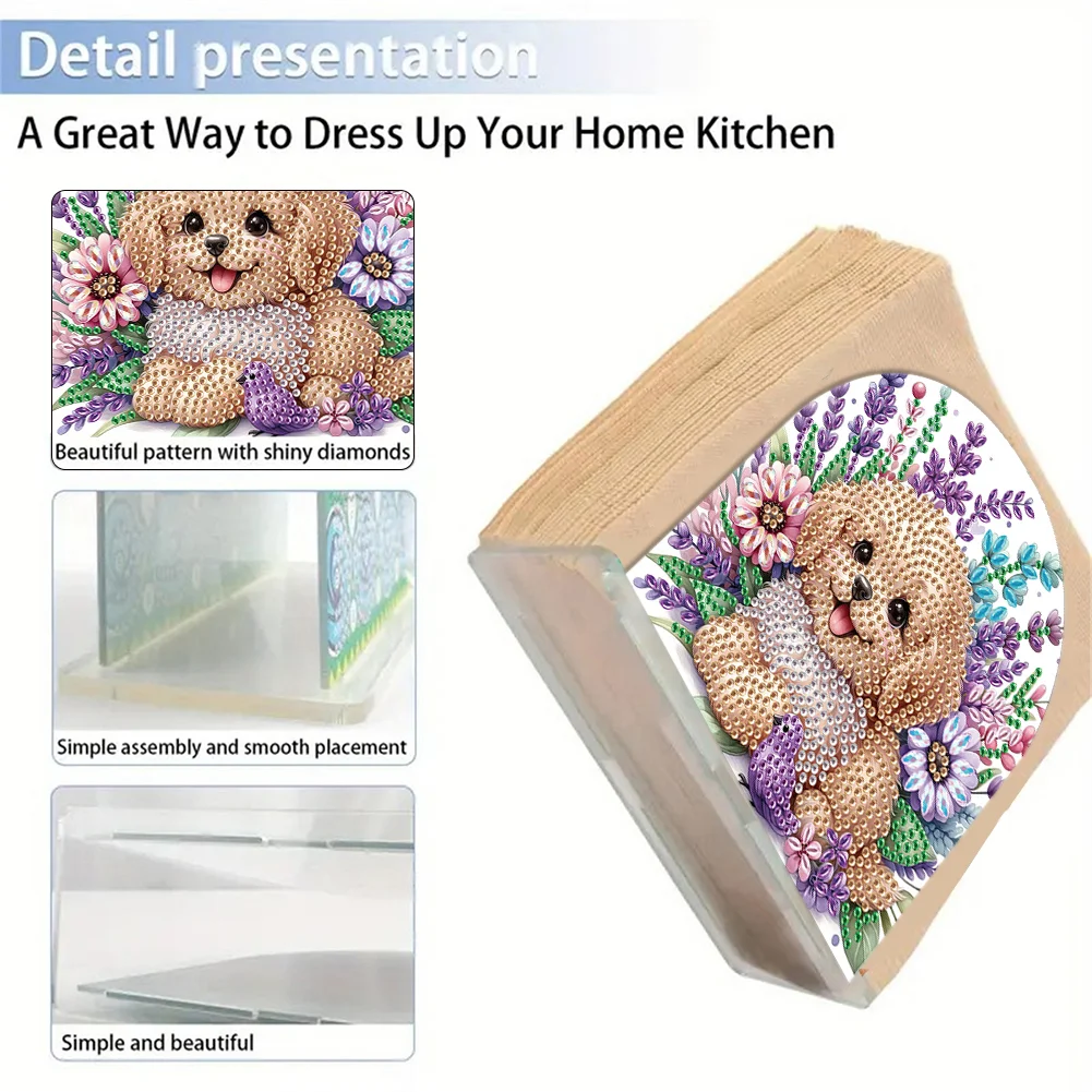 DIY Puppy Flower Diamond Painting Acrylic Napkin Rack Decor for Home Office Decor