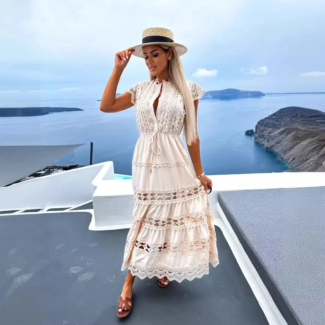 Uveng Uveng Women's New Fashion With Waist Lace Splicing Long Dress