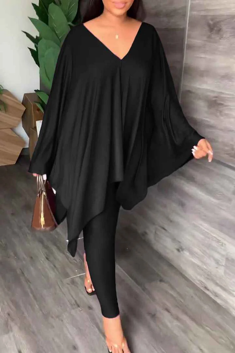 Plus Size Casual Pants Set Black V Neck Batwing Sleeve Asymmetric Hem Skinny Fit Pants Two Pieces Pants Set 