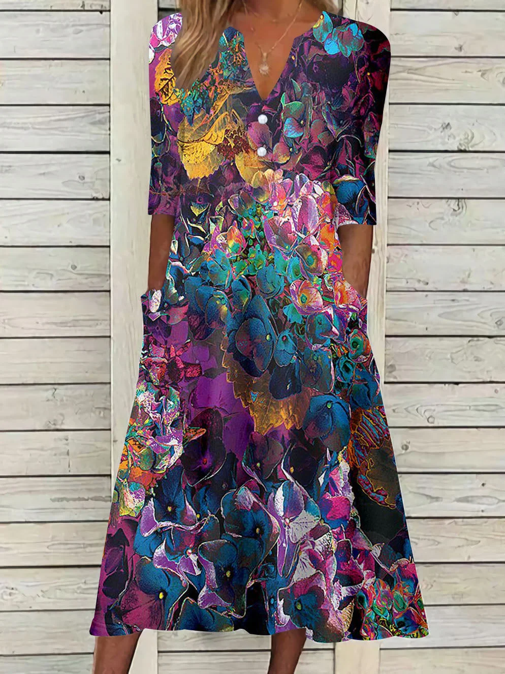Women's Short Sleeve V-neck Floral Printed Midi Dress With Pockets