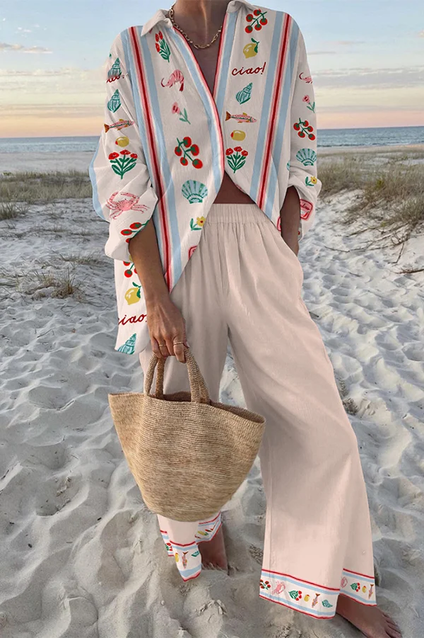 Fun Bio Print Oversized Shirt and Elastic Waist Pocket Pants Set