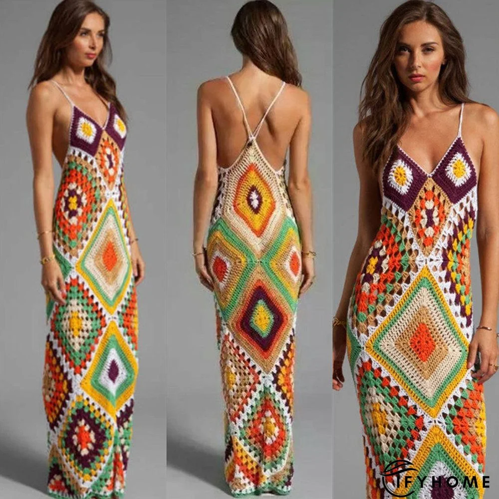 Sexy Backless Hand-crocheted Hollow V-neck Strap Dress | IFYHOME