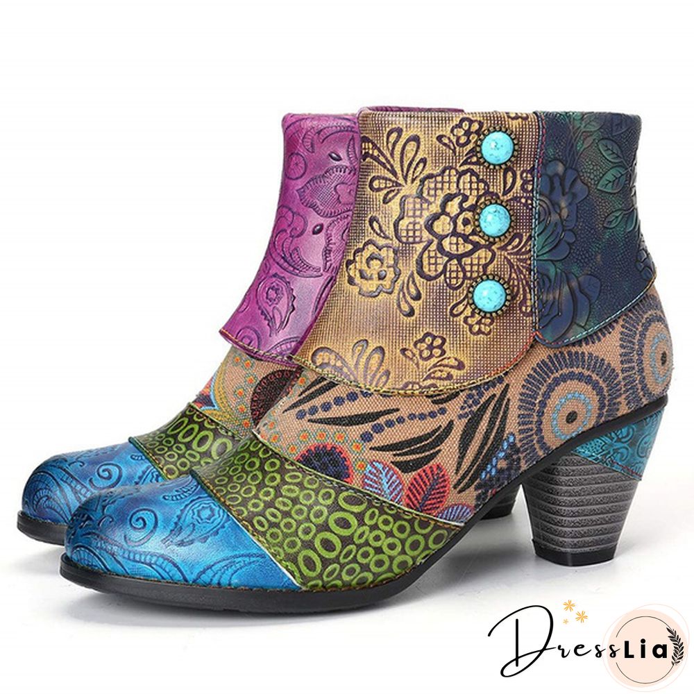 Ladies Fashion Round Toe Patent Leather High Thick Heel Stitching Casual Side Zipper Martin Boots