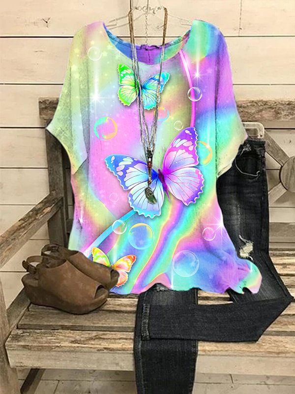 Women's Colorful Rainbow Butterfly Printed Pullover Tops