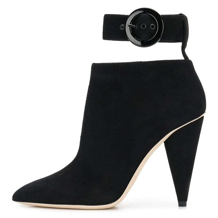 Black Cone Heel Buckle Ankle Booties Vdcoo