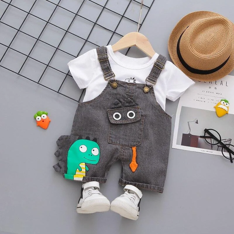 Denim Overalls Clothes Set for Baby Boys O-neck T-shirt Shorts 2 Pieces/Set New Short-sleeved Infant Children Kids Clothing