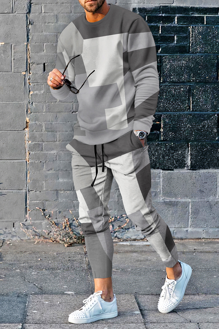 Casual Geometric Grey Tracksuit Two Piece Set