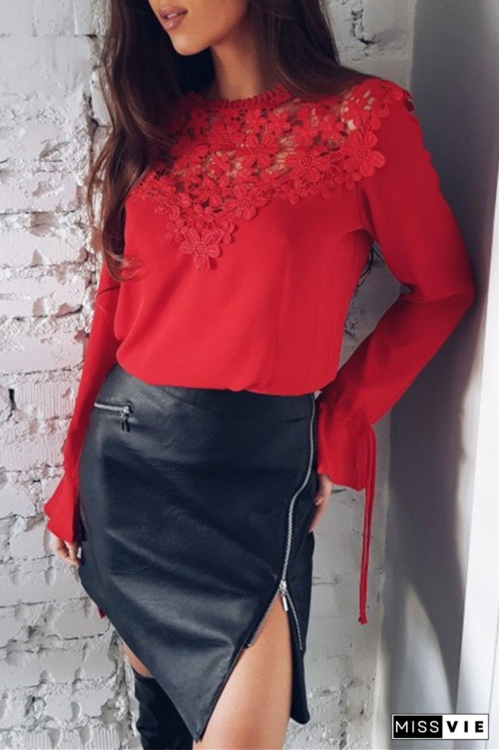 Lace Patchwork Chiffon Solid Blouse