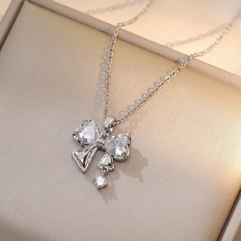 Titanium Steel Sweet Bow Knot Diamond Pendant Necklace