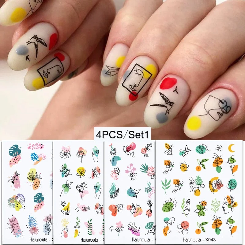 4Pcs/Set Flower Leaves Water Decasl Stickers Floral Geometric Lines Transfer Water Sliders For Nails Manicures Decoration