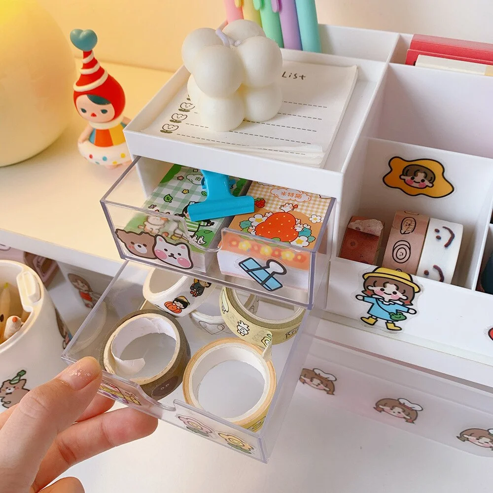 Desktop Storage Box W&G Kawaii Desktop Storage Box Three-color Pen Holder Drawer Type Cute Desktop Storage Pen Holder 515-1