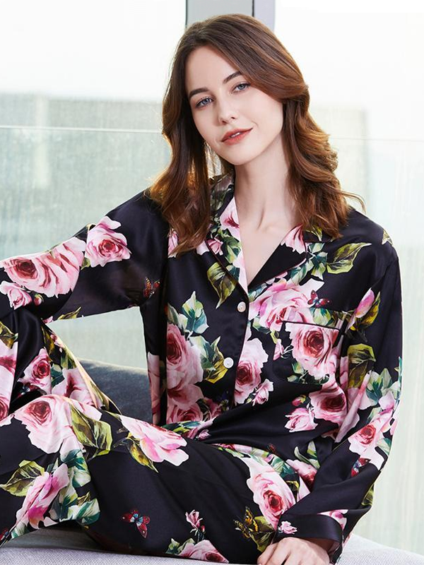 19 Momme Black Flower Printed Silk Pajamas