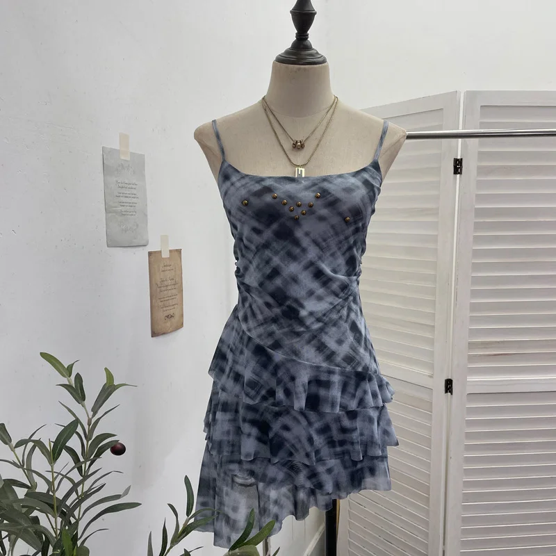 Nigikala Nigikala Shooting Mesh Yarn Irregular Rivet Vest Dress Women 2025 Summer Dress New Lotus Edge Sleeveless Top 1273