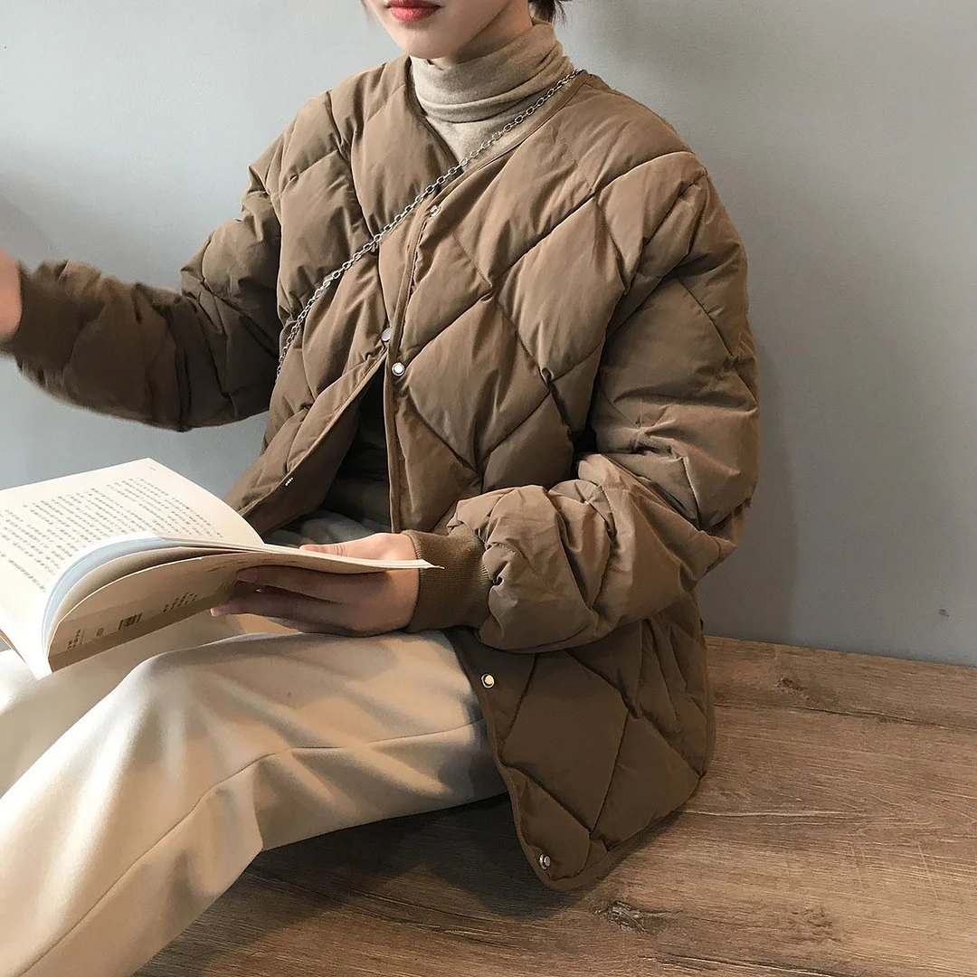 Women Long Sleeve V-neck Solid Color Puffer Coats