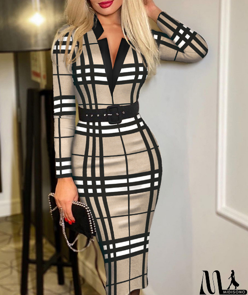 MidiSono - V-Neck Fashion Sexy Long Sleeve Women's Print Dress