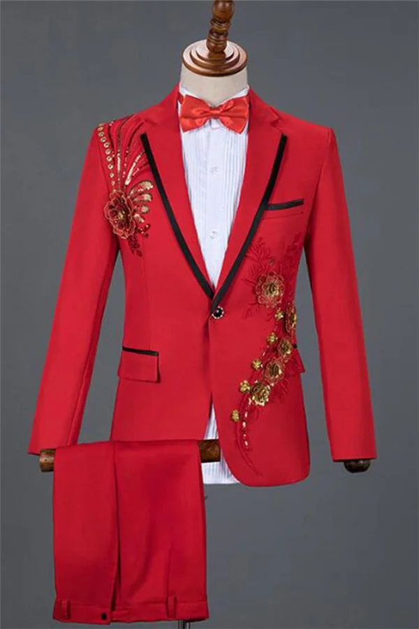 Luluslly One Button Fashion Red Sequin Prom Suits For Men