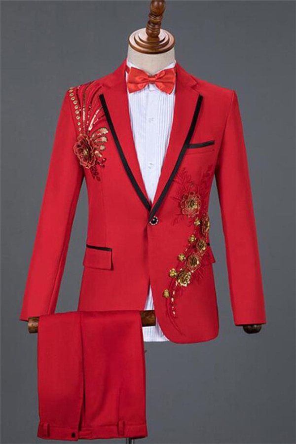 Newest Red Sequin Embroidery Lace Floral One Button Best Wedding Suits For Men | Ballbellas Ballbellas