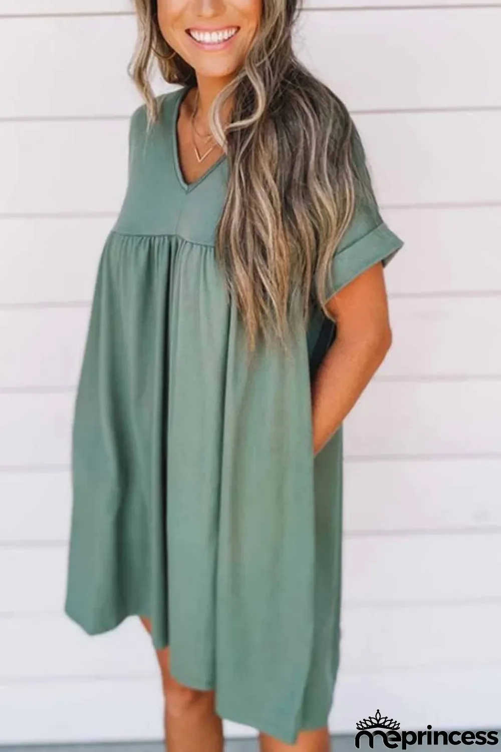 V-neck Solid Color Loose Mini Dress