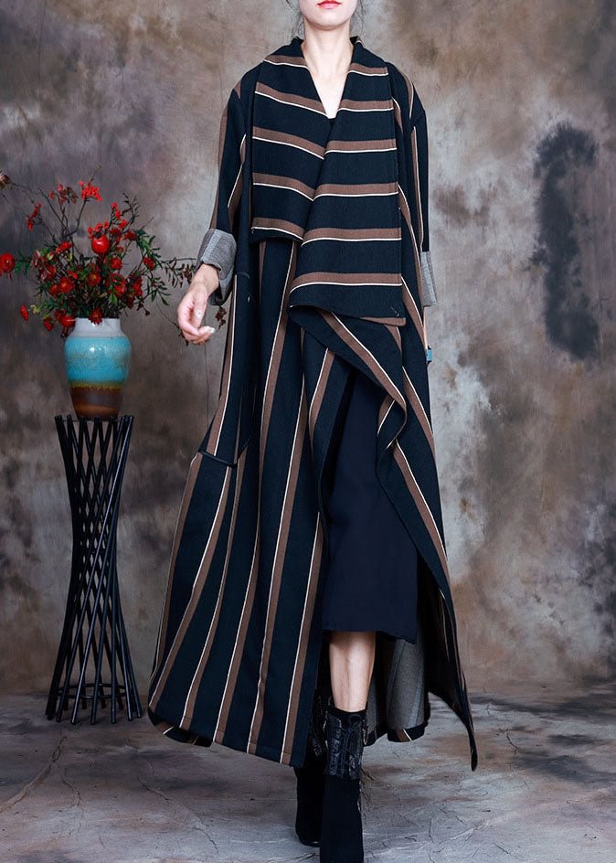 Coffee Striped Woolen trench coats pockets Spring